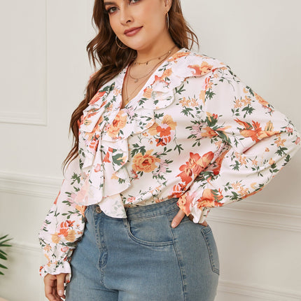 European And American Plus Size Women's Printed Ruffled Loose V-neck Shirt