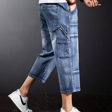 Seven Points Denim Shorts Men Straight Loose Over The Knee Medium Pants Fat Guy Pants