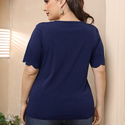 Ladies Plus Size Burnt Floral Hollow Out Wavy Deep V T-Shirt