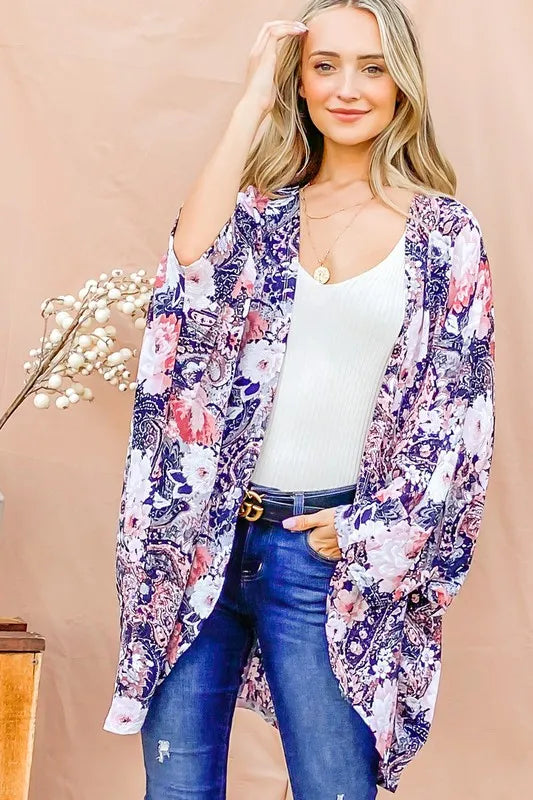 And The Why Floral Print Dolman Sleeve Kimono Cardigan