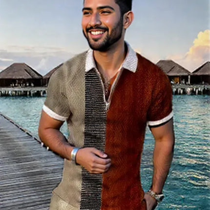 Men's Summer Fashion 3D Printed Short Sleeve Geometric Zip Lapel Shirt Set