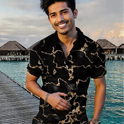 Men's Summer Fashion Short Sleeve black n gold Geometric Zip Lapel Shirt and short Set