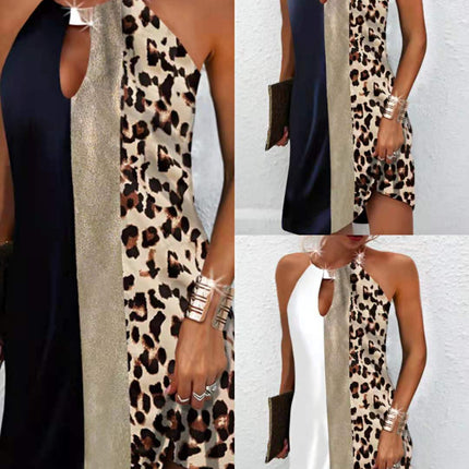 Leopard Print Sleeveless Back Metal Halter Dress