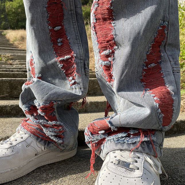 Niche Whisker Ripped Embroidered Jeans