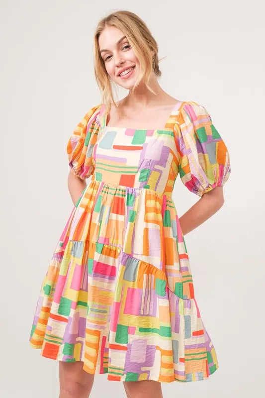 And The Why Square Neck Puff Sleeve Geo Printed Mini Dress