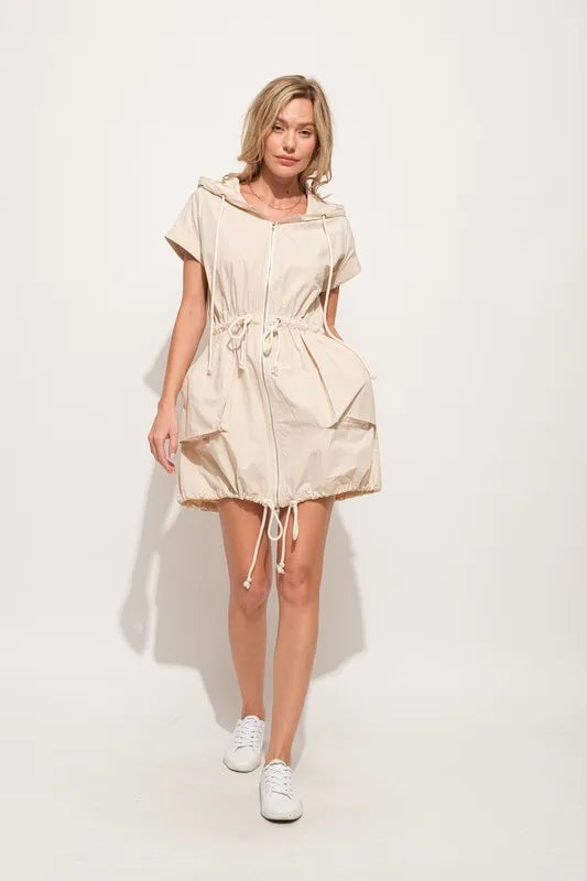 And The Why Short Sleeve String Details Hooded Mini Dress