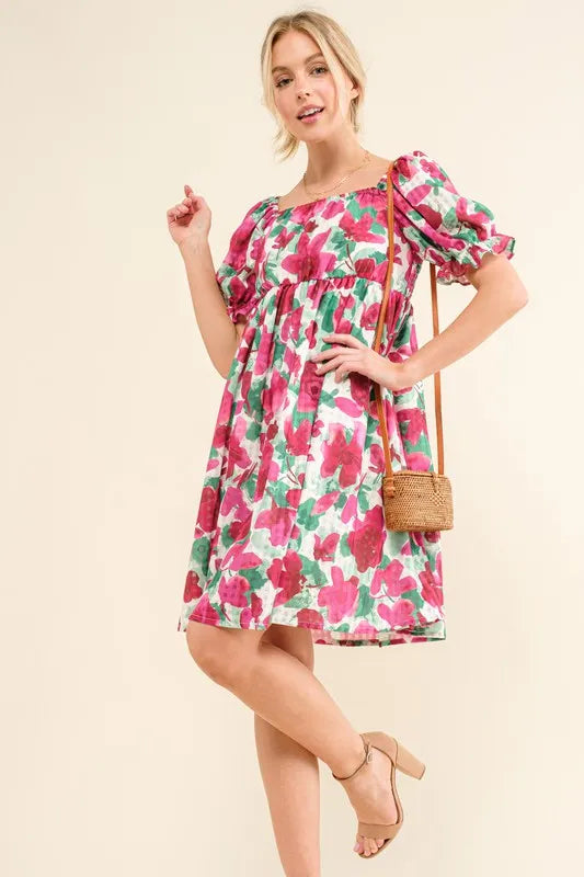 And The Why Smocked Floral Ruffle Short Sleeve Mini Dress