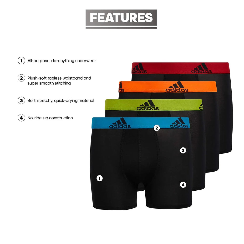 adidas Kids-Boy's Performance Boxer Briefs Underwear (4-Pack) Large Black/Solar Blue/Semi Solar Slime Green