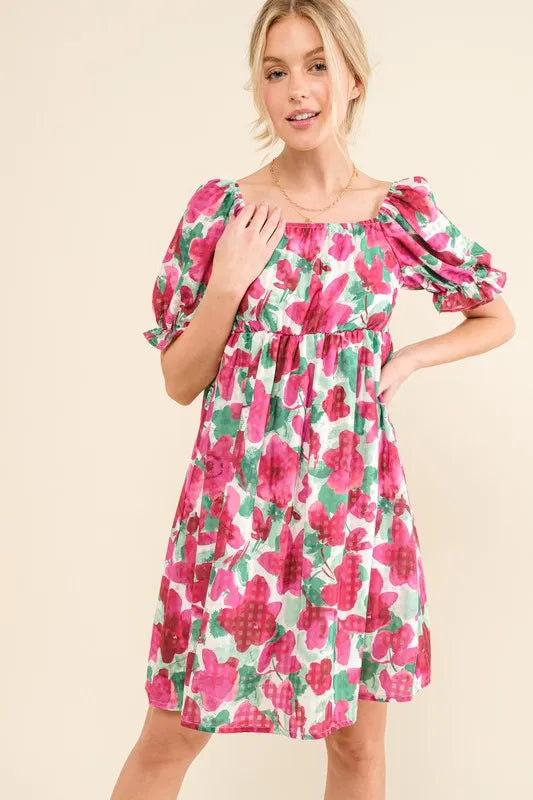 And The Why Smocked Floral Ruffle Short Sleeve Mini Dress