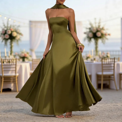 Backless Tube Top Evening Dress for Women – Waist Cinching Long Elegant Gown