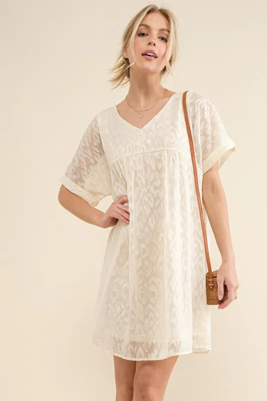 And The Why Woven Leopard Baby Doll Roll-Sleeve Casual Dress