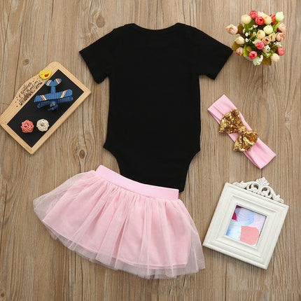 Girls' Fashion Casual Short-sleeved Printed Romper Bow Mesh Skirt Suit