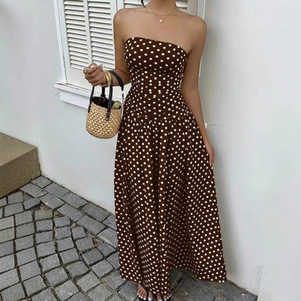 Elegant Off-Shoulder Polka Dot Dress – Strapless High-Waist Style
