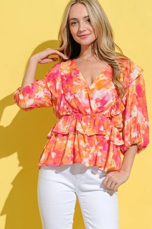 And The Why Ruffled Printed Puff Sleeve Blouse