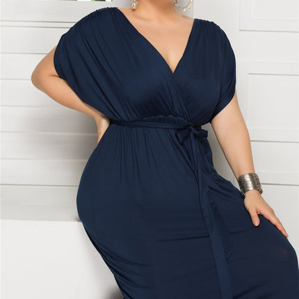 Plus Size Solid Color V-Neck Loose Swing Dress