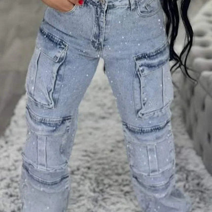 Women's Casual Jeans With Pockets And Diamonds Overalls