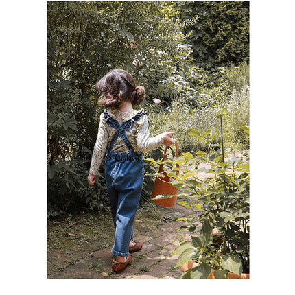 Children Girl Lotus Shoulder Denim Jumpsuit