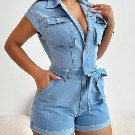 Tie Waist Cap Sleeve Denim Romper