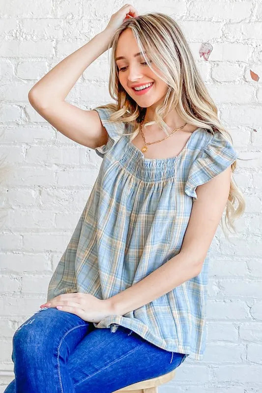 And The Why Plaid Print Smocked Detail Ruffle Baby Doll Top