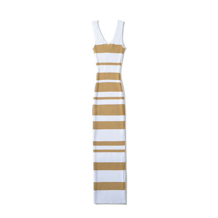European And American Hot Girl Double V-neck Color Sleeveless Knitted Dress Intellectual Elegant Skinny Sheath