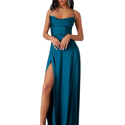 Women's Elegant Backless Split Maxi Dress – High Waist V-Neck Belted Gown