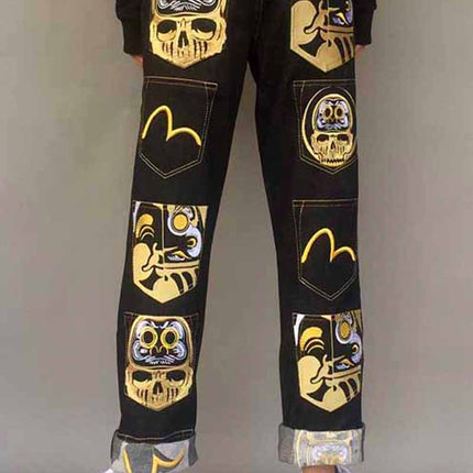 Embroidered Denim Plus Size Straight Loose Trousers