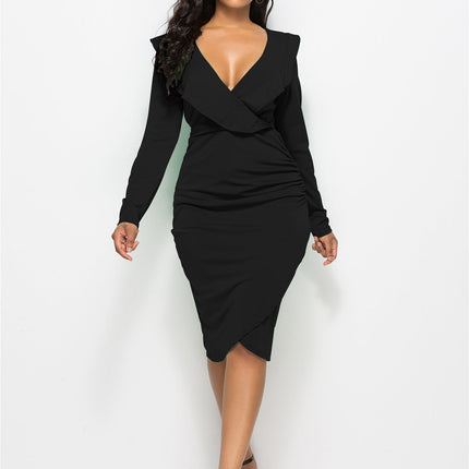 Sexy V-neck Ruffled Long-sleeve Hip Dress Women Girl Fashion