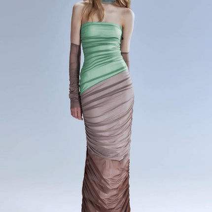 Collision Color Splicing Halter Dress Sexy Hot Girl Tight High Waist One Neck Long Dress