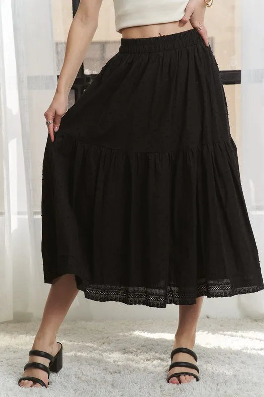 ADORA Elastic Waistband Tiered Midi Skirt