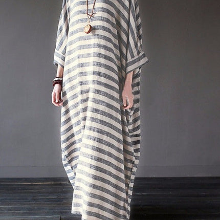 Cotton And Linen Stripes Loose Plus Size Long Dress