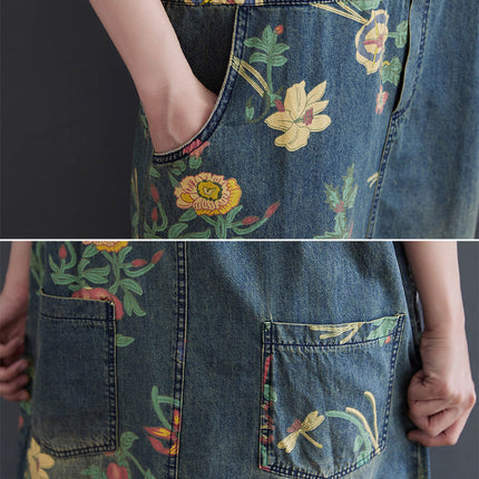 Women's Plus Size Retro Age-reducing Denim Print Suspender Skirt