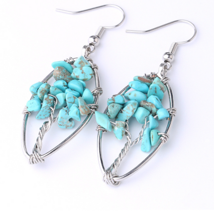 Natural Crystal Crushed Stone Earrings Handmade Tree Of Life Women's Turquoise