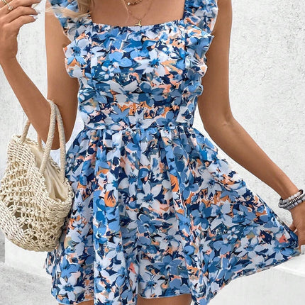 Sleeveless Square Collar Printed Elastic Waist Back Jumpsuit