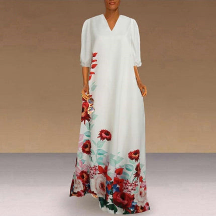 Plus Size Women's Long Skirt V-neck Positioning Flower Puff Sleeve Dress