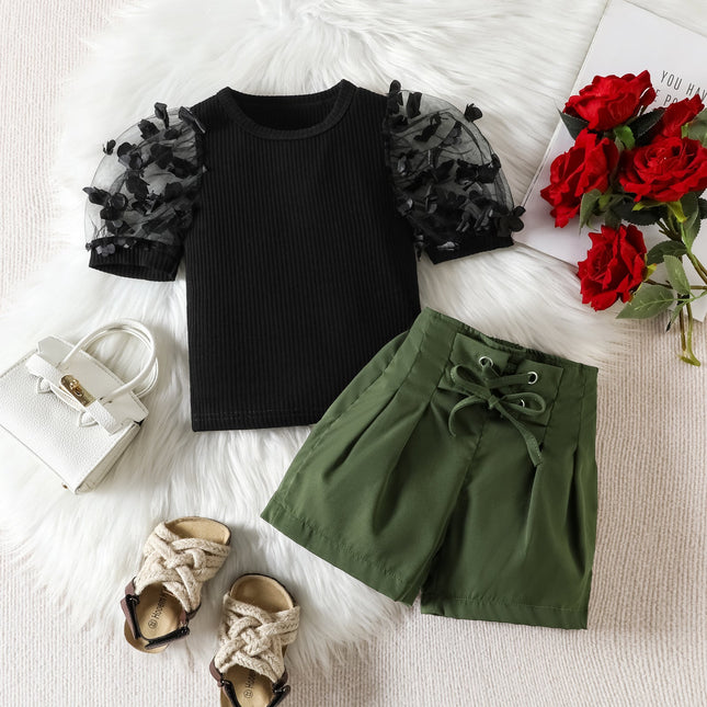 Summer Mesh Three-dimensional Petals Short Sleeve Shorts For Girls Suit