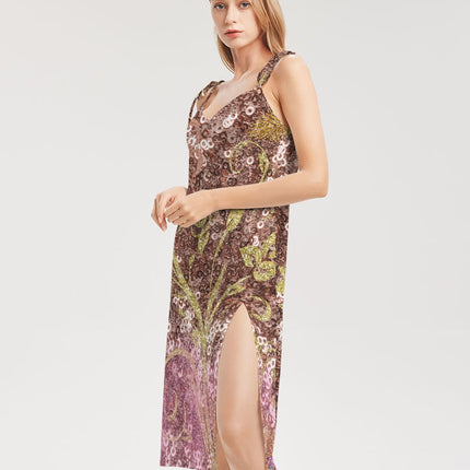 BEAUTIFUL PURPLE GITTER DESIGN CREATED BY FLIPSTYLEZ Women's All-Over Print Tie Strap Split Dress