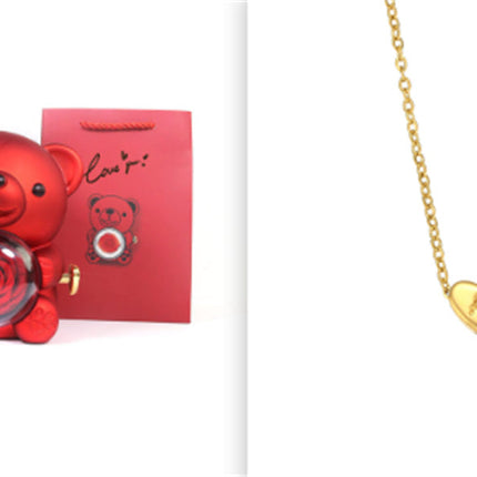 Eternal Rose Teddy Bear Gifts Box With Necklace Rotate Rose Jewelry Box Valentine Wedding Storage Gift Case For Women Girlfriend