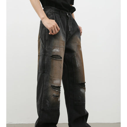 Street Retro Jeans Men's Loose Hole Straight-leg Trousers