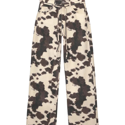 Womens Retro Washed Denim Jeans With Cow Print