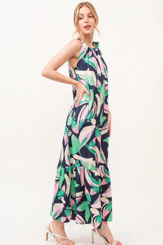 And The Why Botanical Printed Halterneck Tiered Maxi Dress