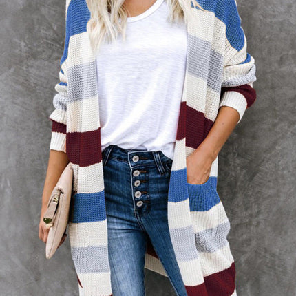 Striped Stitching Sweater New Product Long Color Blocking Pocket Knitted Cardigan