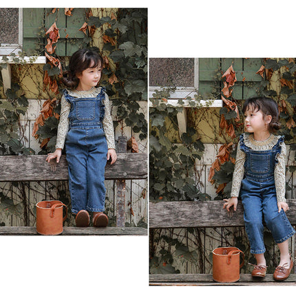 Children Girl Lotus Shoulder Denim Jumpsuit
