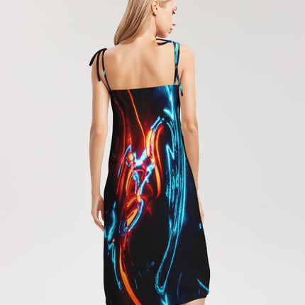 ELECTRICLY BLUE AND RED DESIGN BY FLIPSTYLEZ Women's All-Over Print Tie Strap Split Dress