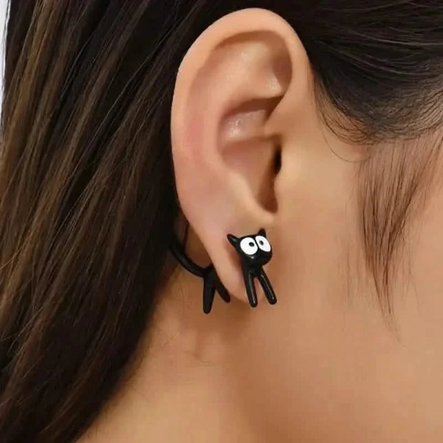Black Cat Front And Back Stud Earrings For Women