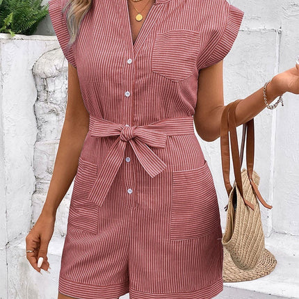 Hot Summer Leisure Commute Jumpsuit Pinstripe Short Sleeve One-piece Shorts