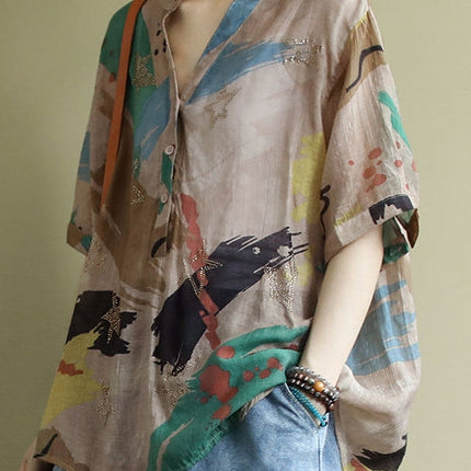 Vintage Printed Shirt Women''s Middle Sleeve Large Shirt Summer