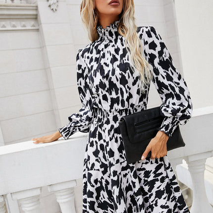 Leopard Print Round Hedging Ruffled Long-sleeved Midi Dress Product Information