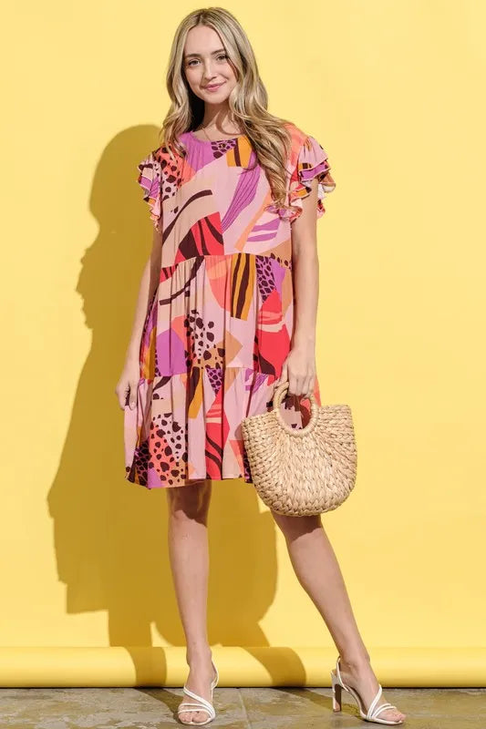And The Why Printed Double Ruffles Sleeve Dress
