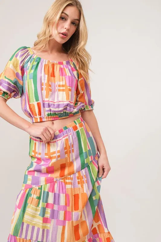 And The Why Puff Sleeve Elastic Edges Geo Printed Crop Top