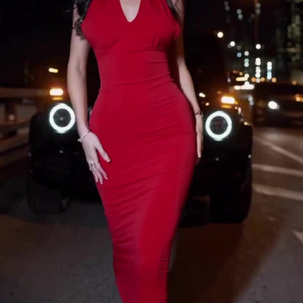 Red Halter Neck Slim Dress